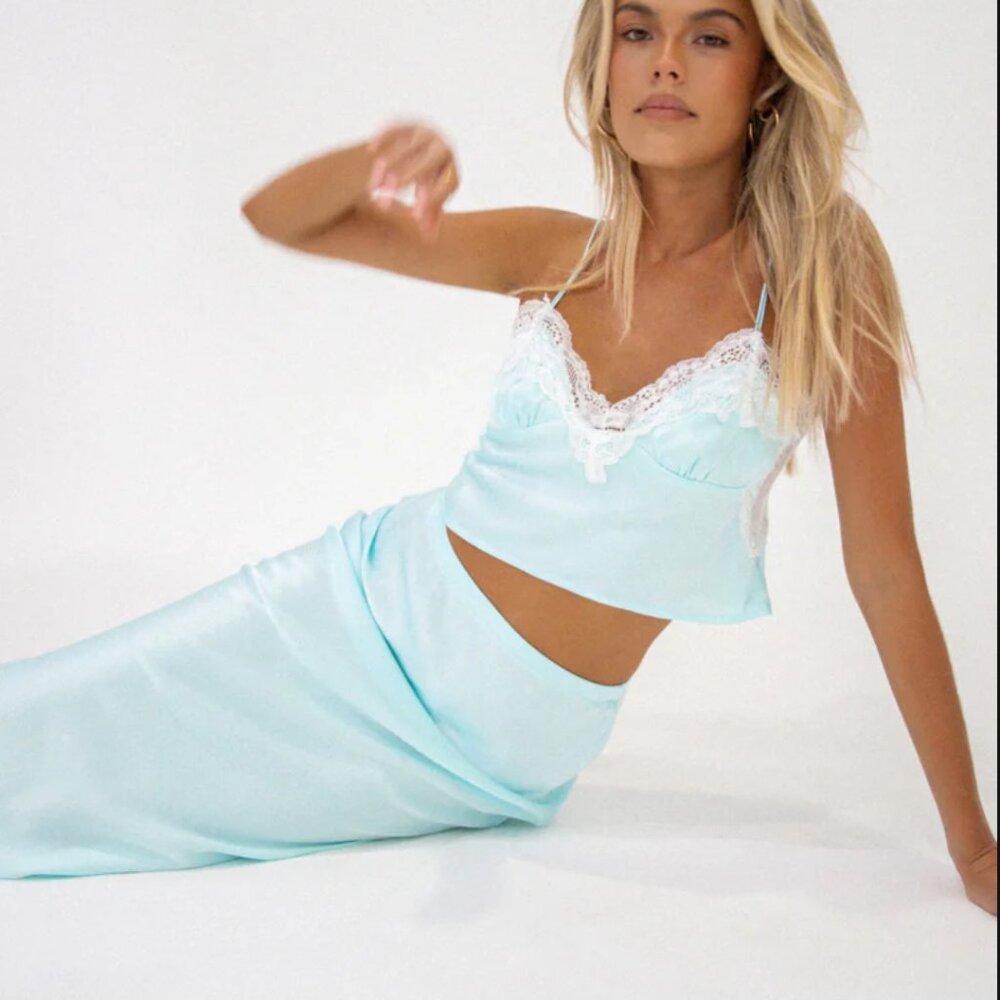 VRG GRL At The Afterparty Bias Cut Cami + Midi Skirt – Sky - Picture 5 of 12